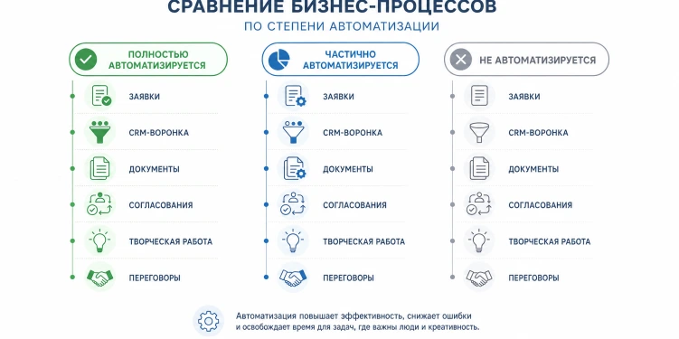 Степень автоматизации процессов Сравнение бизнес-процессов по степени автоматизации: полностью, частично, не автоматизируется